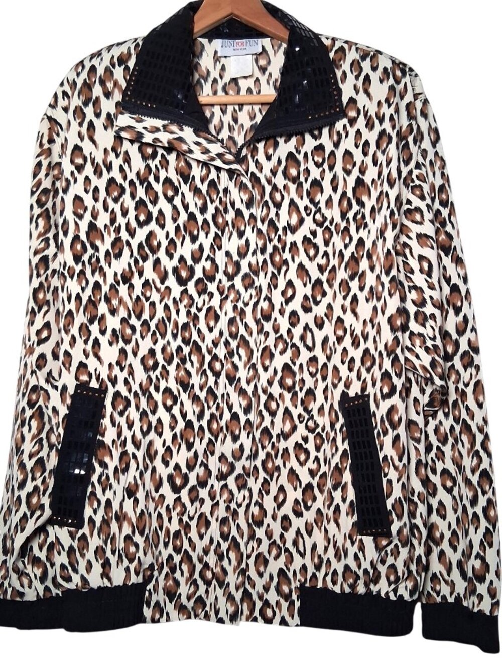Vintage Just For Fun Jacket Small Cat Print Bling Oversized Leopard Lightweight - Picture 2 of 16